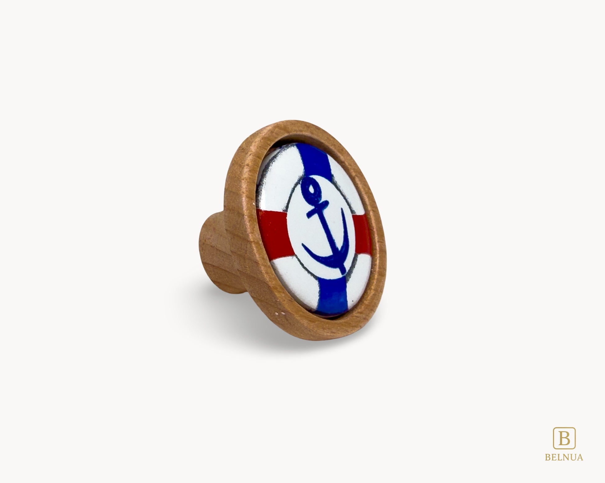 Belnua - Front angled view of luxury Nuvino natural oak wood knob with nautical anchor porcelain design for boys, teens rooms & wardrobe & cabinets and nursery, school playrooms and storage. 