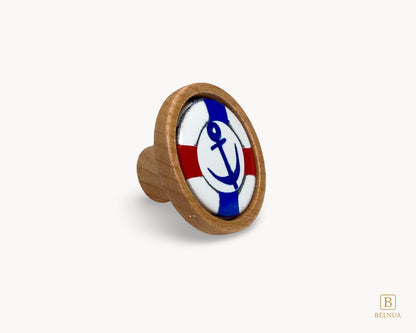 Belnua - Front angled view of luxury Nuvino natural oak wood knob with nautical anchor porcelain design for boys, teens rooms & wardrobe & cabinets and nursery, school playrooms and storage. 