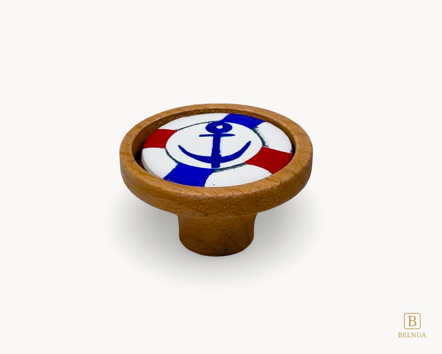 Belnua - Front view of luxury Nuvino natural oak wood knob with nautical anchor porcelain design for boys, teens rooms & wardrobe and nursery, school playrooms and storage. 