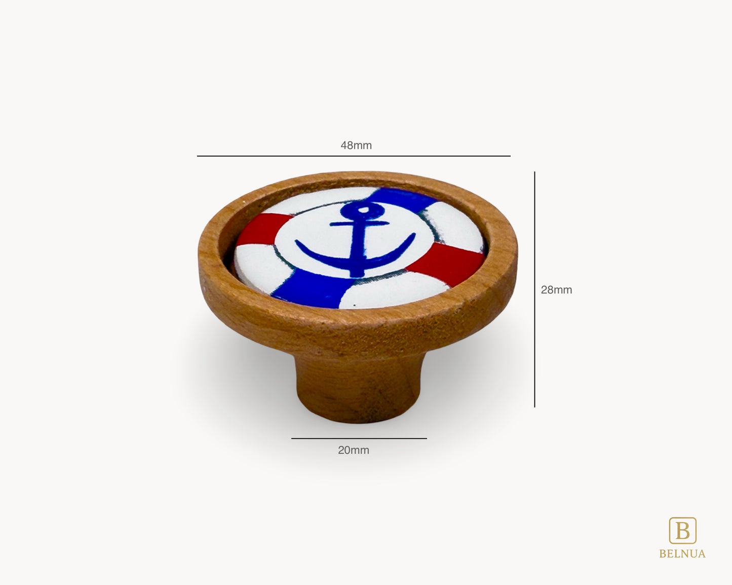 Belnua - Measurements of luxury Nuvino natural oak wood knob with nautical anchor porcelain design for boys, teens rooms & wardrobe and nursery, school playrooms and storage. 