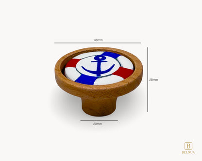Belnua - Measurements of luxury Nuvino natural oak wood knob with nautical anchor porcelain design for boys, teens rooms & wardrobe and nursery, school playrooms and storage. 