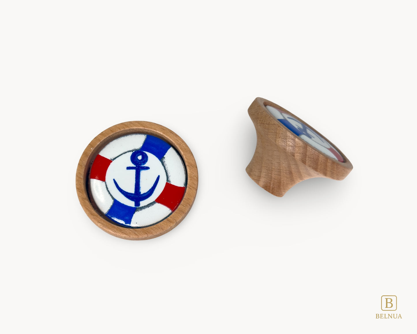 Belnua - Top and back angled view of delicate Nuvino natural oak wood knob with nautical anchor porcelain design for boys, teens rooms & wardrobe and nursery, school playrooms and storage. 