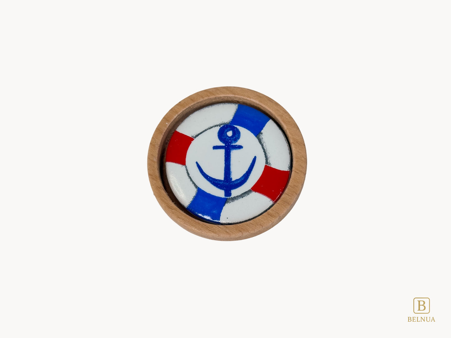 Belnua - Top closeup view of dreamy Nuvino natural oak wood knob with nautical anchor porcelain design for boys, teens rooms & wardrobe and nursery, school playrooms and storage. 