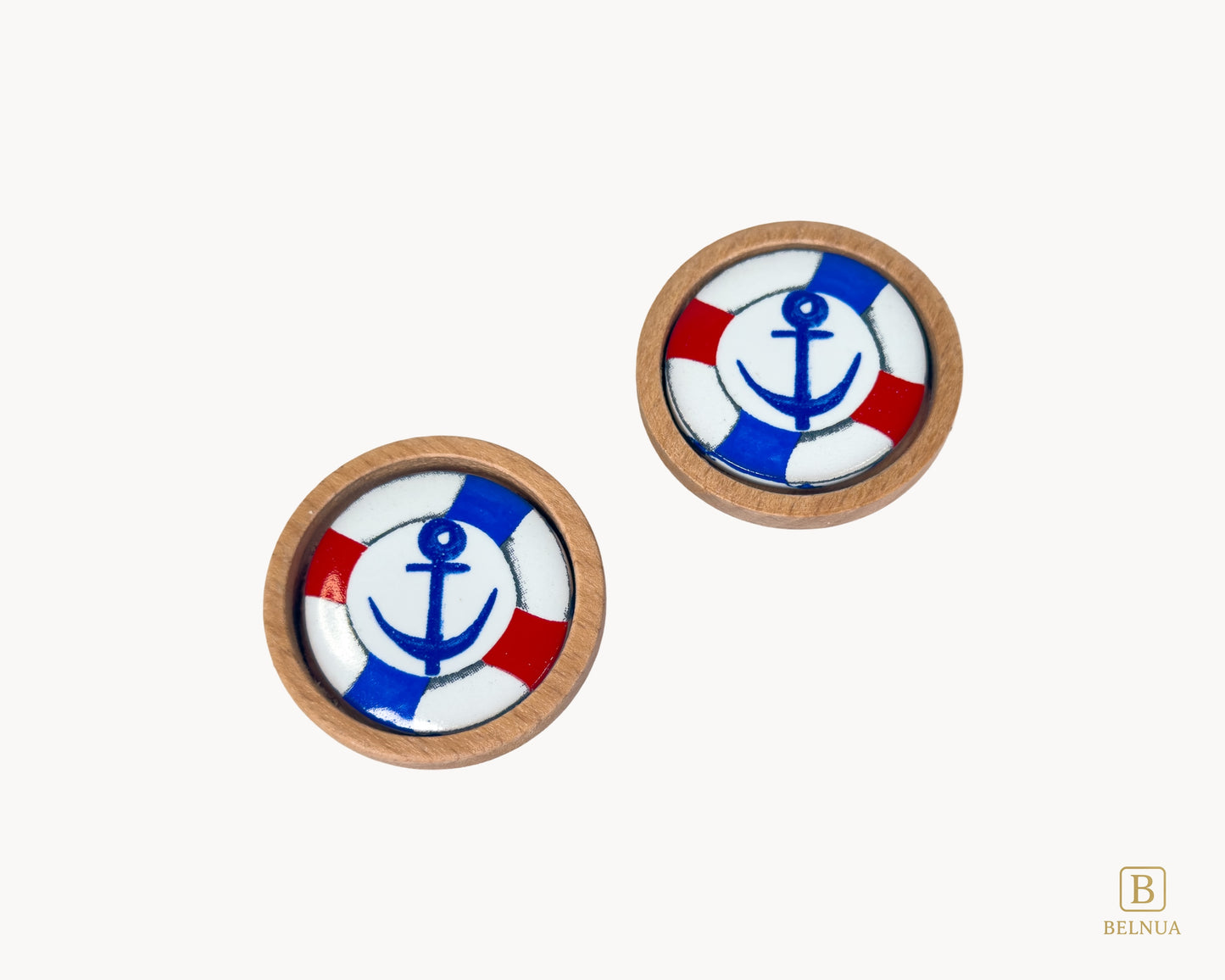 Belnua - Top closeup view of luxury Nuvino natural oak wood knob pair with nautical anchor porcelain design for boys, teens rooms & wardrobe and nursery, school playrooms and storage. 