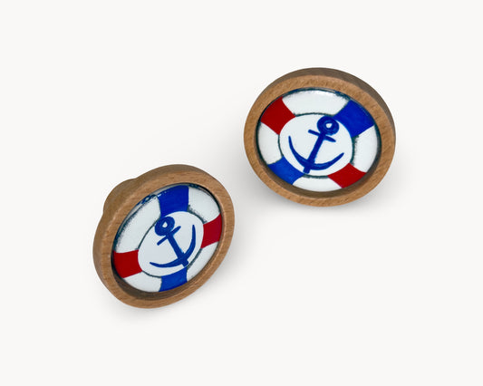 Belnua - Pair of beautiful Nuvino natural oak wood knob with nautical anchor porcelain design 