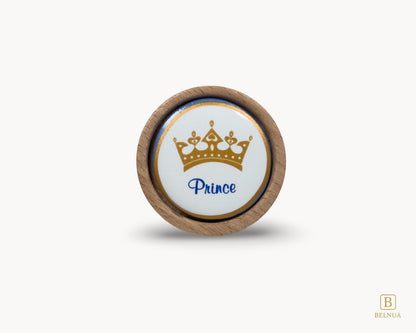 Belnua - Front view of luxury Nuvino prince crown porcelain knob with oak wood base for boys, children, teens, nursery rooms