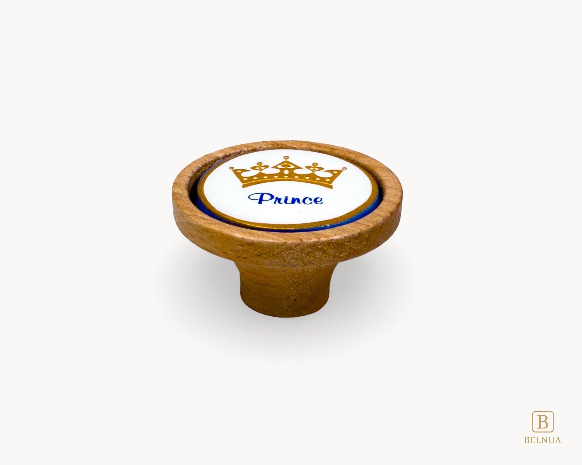 Belnua - Front top view of Nuvino prince crown porcelain knob with oak wood base for boys, children, nursery, teens room