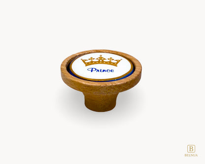 Belnua - Front top view of Nuvino prince crown porcelain knob with oak wood base for boys, children, nursery, teens room
