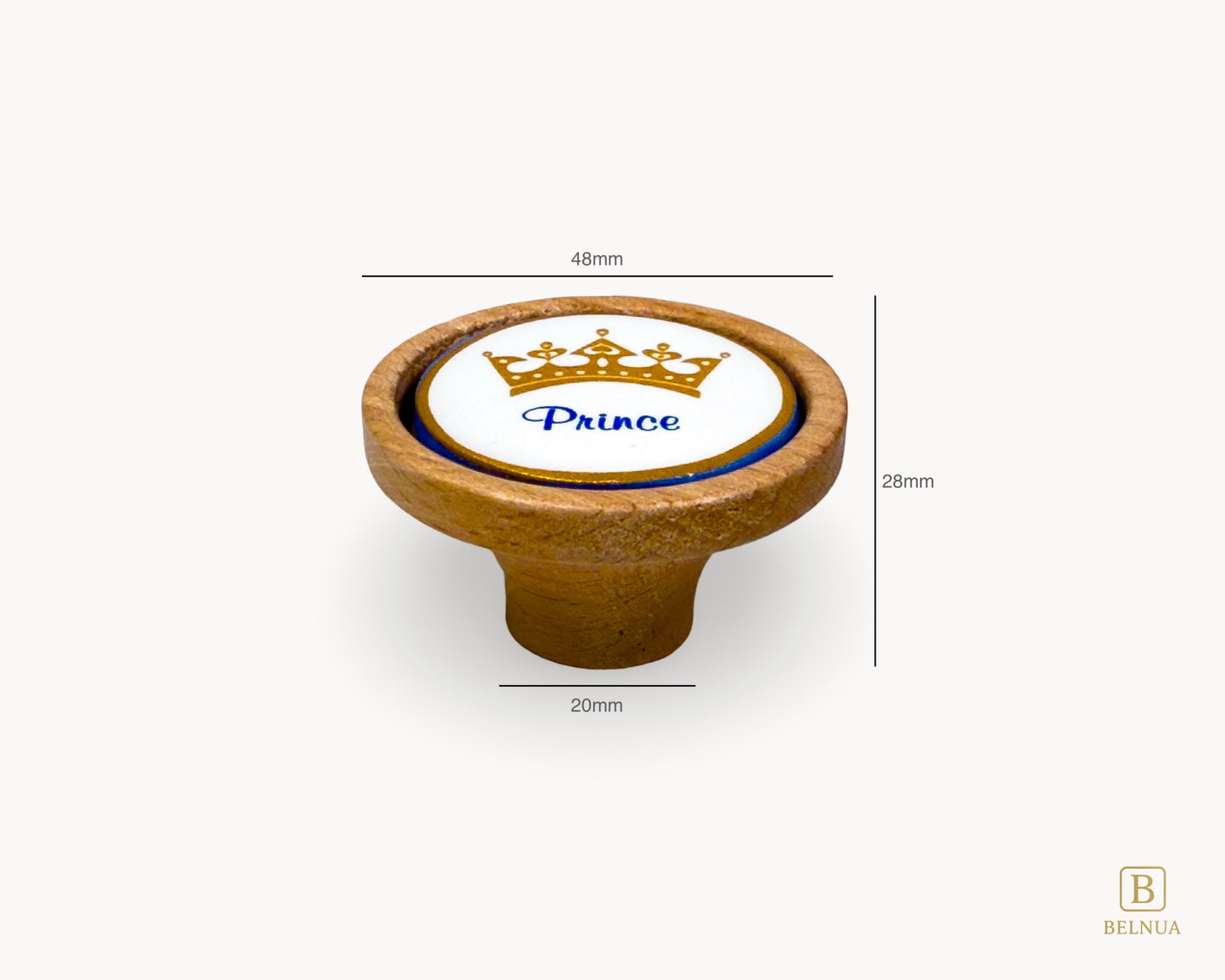 Belnua - Measurements of Nuvino prince crown porcelain knob with oak wood base for boys, children, nursery, teens room