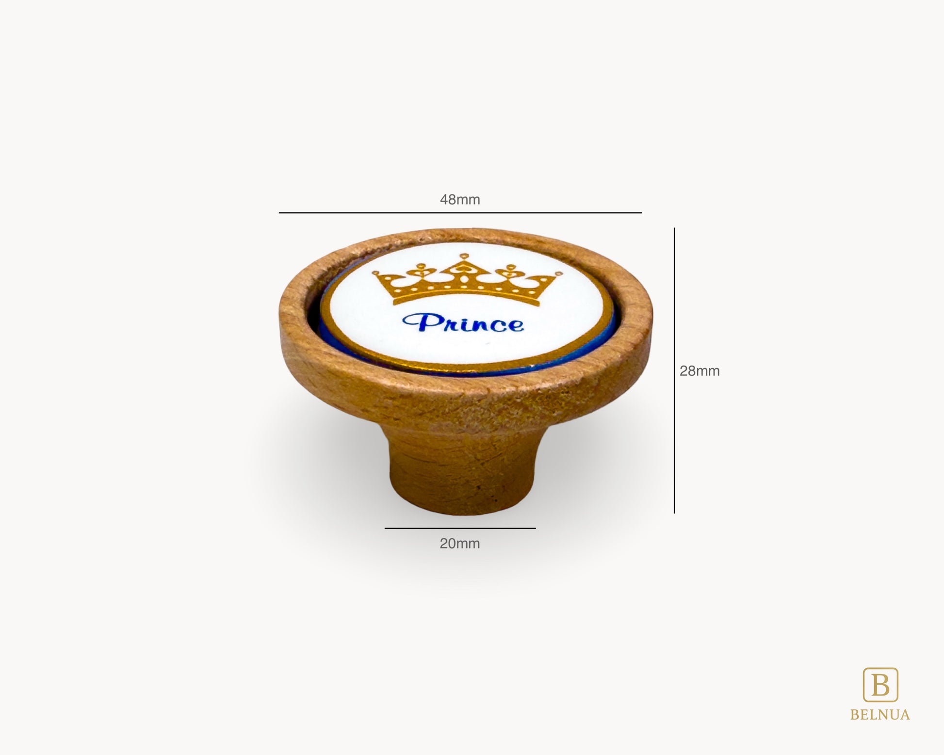 Belnua - Measurements of Nuvino prince crown porcelain knob with oak wood base for boys, children, nursery, teens room