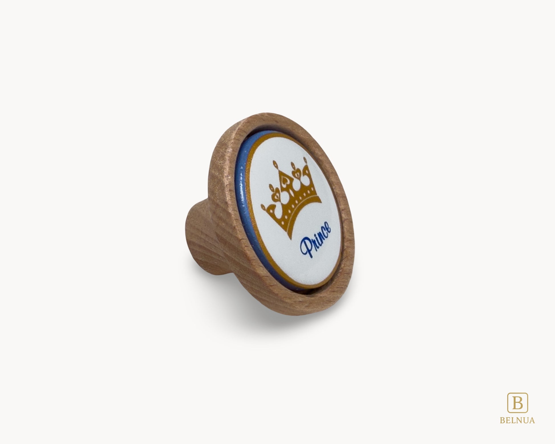 Belnua -  Front right view of Nuvino prince crown porcelain knob with oak wood base for boys, children, teens room