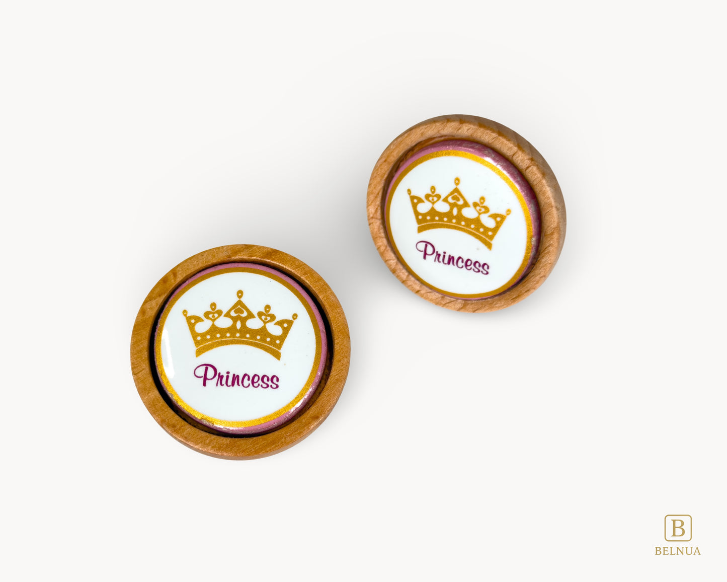 Belnua - Top and front view of Nuvino oak wood knob pair with porcelain/ceramic insert with princes crown design for girls, children, nursery rooms