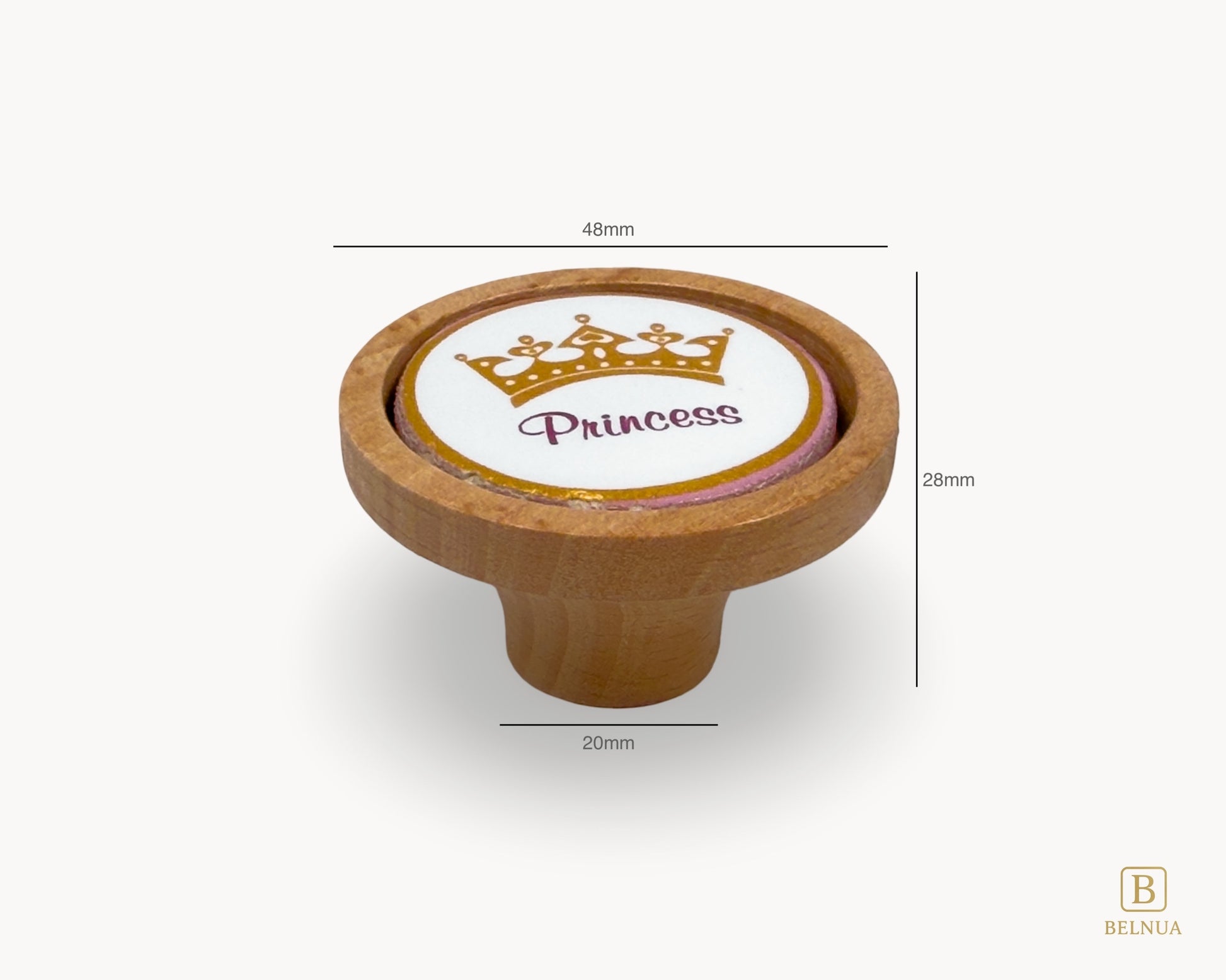 Belnua - Measurements of Nuvino oak wood knob with porcelain/ceramic insert with princes crown design for girls, children, nursery rooms