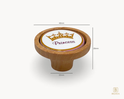 Belnua - Measurements of Nuvino oak wood knob with porcelain/ceramic insert with princes crown design for girls, children, nursery rooms