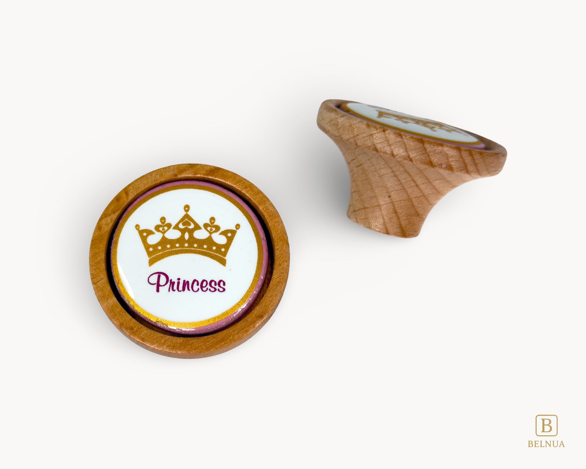 Belnua - Top and back view of Nuvino oak wood knob pair with princes crown porcelain insert for girls, children, nursery rooms