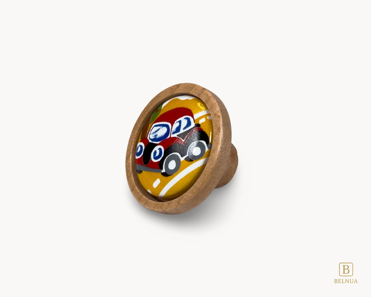 Belnua - Left front view of dreamy Nuvino oak wood knob with red car porcelain insert for boys, playroom, nursery, teens, children rooms and furniture