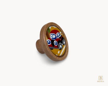 Belnua - Right front view of dreamy Nuvino oak wood knob with red car porcelain insert for boys, playroom, nursery, teens, children rooms and furniture