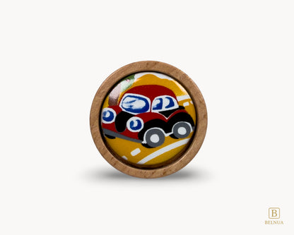 Belnua - Closeup front view of luxury Nuvino oak wood knob with red car porcelain insert for boys, playroom, nursery, teens, children rooms and furniture