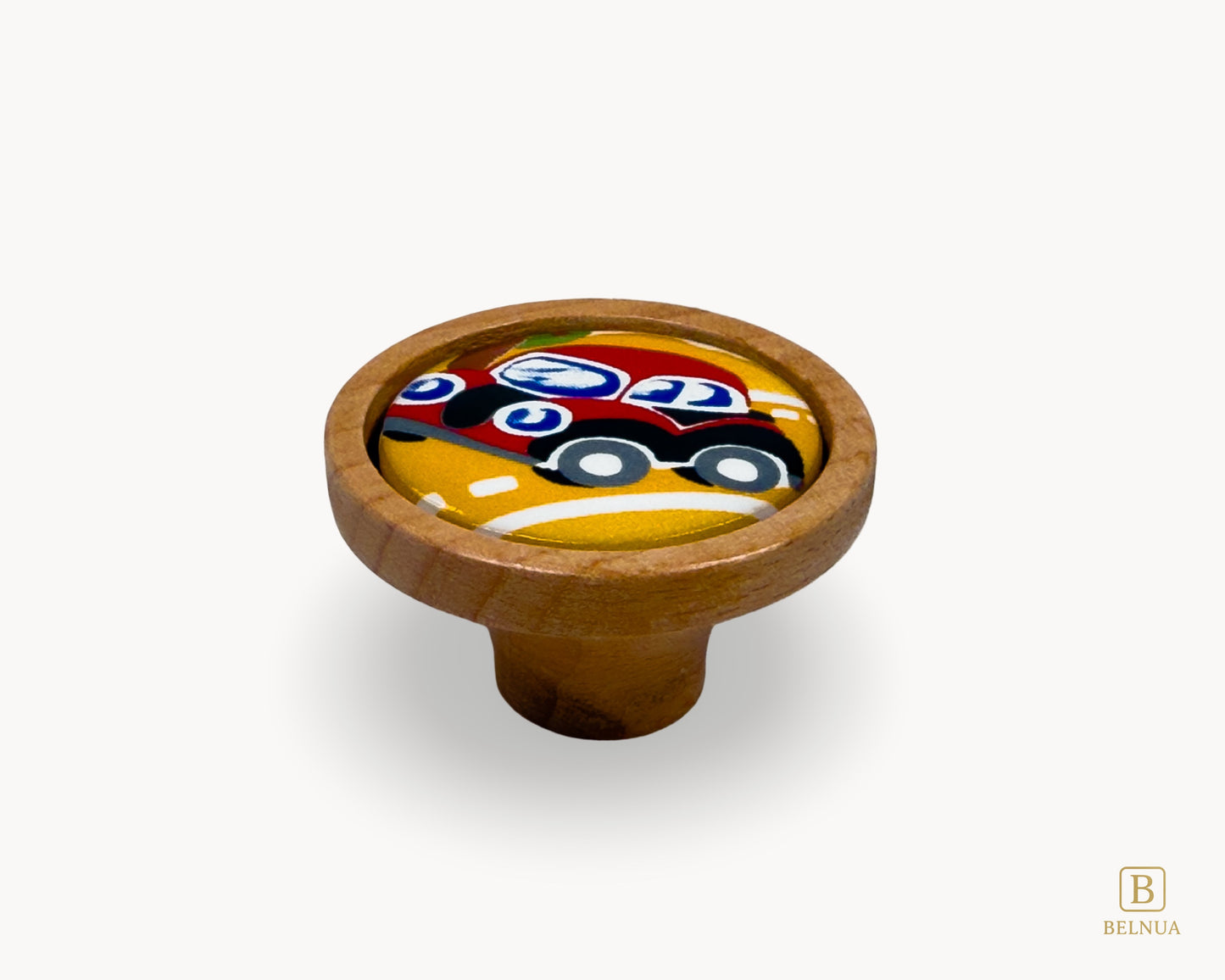 Belnua - Top front view of dreamy Nuvino oak wood knob with red car porcelain insert for boys, playroom, nursery, teens, children rooms and furniture