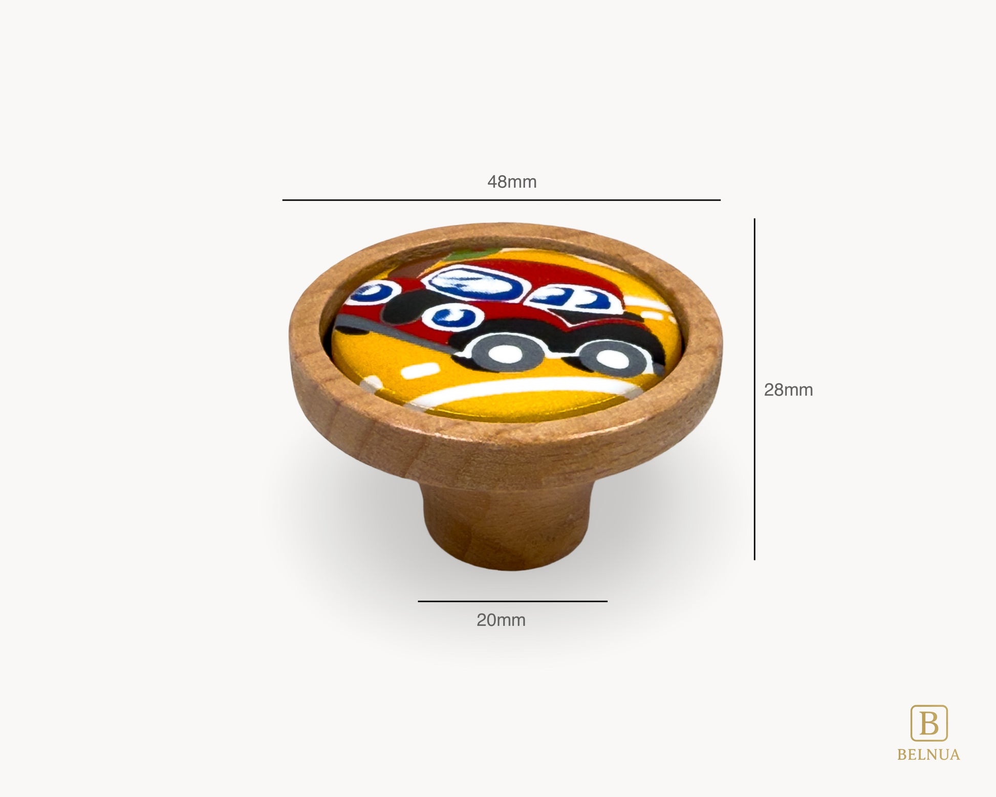 Belnua - Measurements of dreamy Nuvino oak wood knob with red car porcelain insert for boys, playroom, nursery, teens, children rooms and furniture