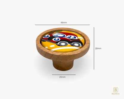 Belnua - Measurements of dreamy Nuvino oak wood knob with red car porcelain insert for boys, playroom, nursery, teens, children rooms and furniture