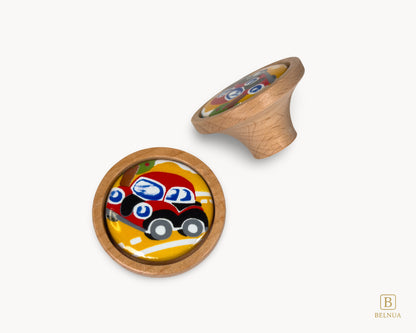 Belnua - Top and right back view of Nuvino oak wood knob with red car porcelain insert for boys, nursery, teens, children rooms and furniture