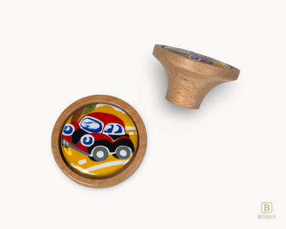 Belnua - Top and left back view of playful Nuvino oak wood knob with red car porcelain insert for boys, playroom, nursery, teens, children rooms and furniture