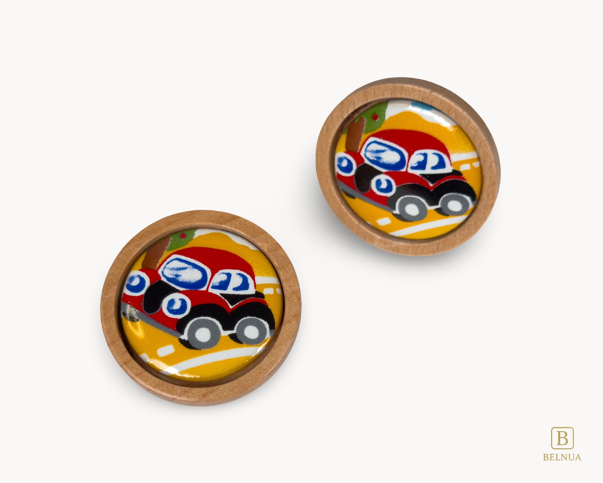 Belnua - Top and front view of dreamy Nuvino oak wood knob pair with red car porcelain insert for boys, nursery, teens, children rooms and furniture