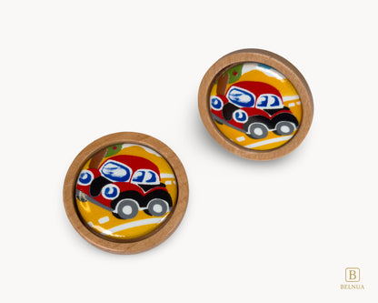 Belnua - Top and front view of dreamy Nuvino oak wood knob pair with red car porcelain insert for boys, nursery, teens, children rooms and furniture