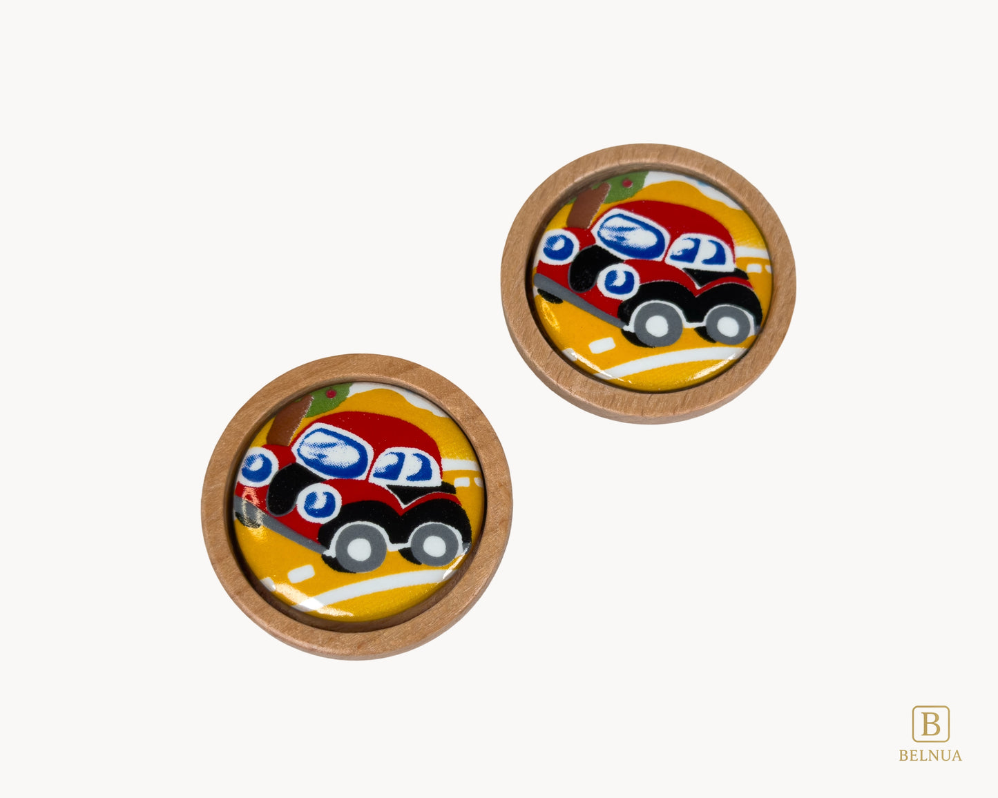 Belnua - Closeup top view of playful Nuvino oak wood knob with red car porcelain insert for boys, nursery, teens, children rooms and furniture