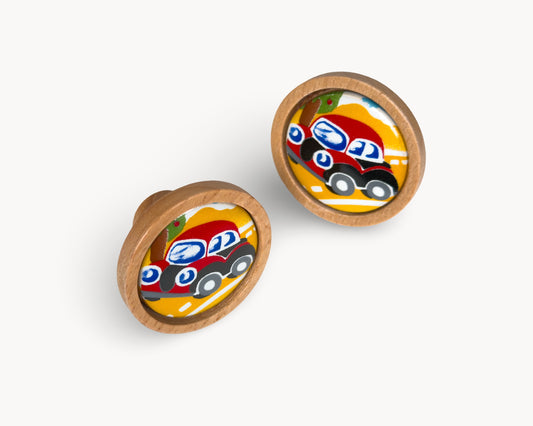 Belnua - Pair of Nuvino oak wood knob with red car porcelain insert for boys, nursery, teens, children rooms and furniture