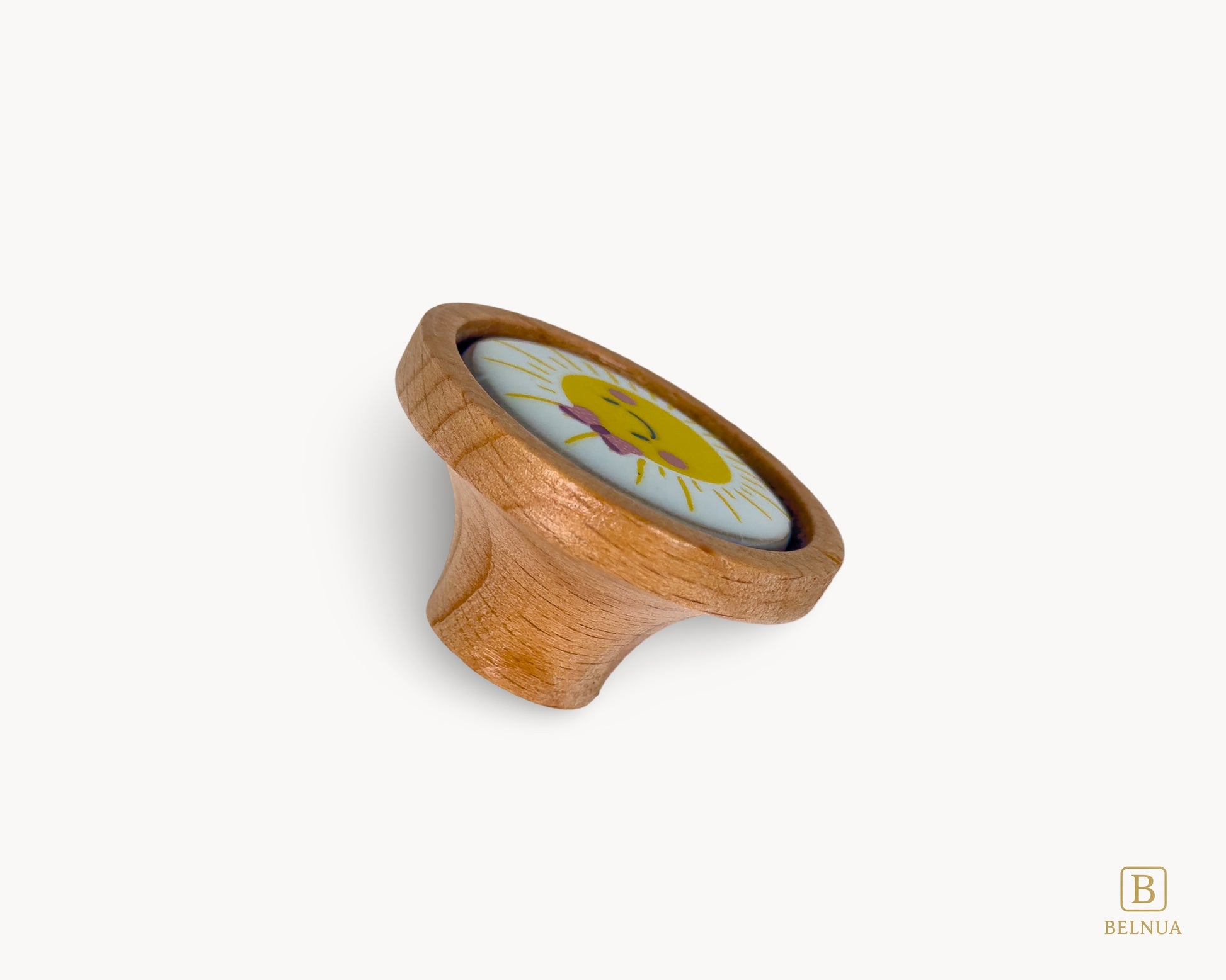 Belnua - side angled view of joyful Nuvino children natural oak wood knob with delicate smiling sun porcelain design for girls, children, teens rooms & wardrobe and nursery and school play rooms.
