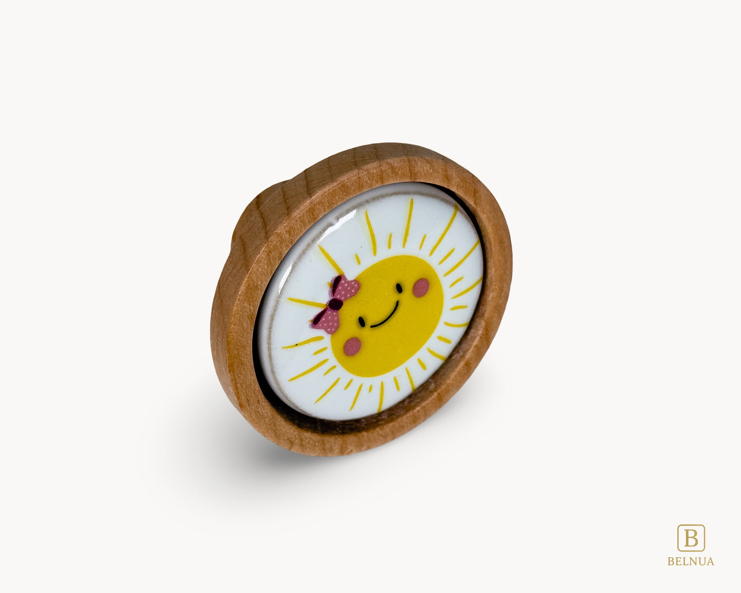 Belnua - Front right view of joyful Nuvino children natural oak wood knob with delicate smiling sun porcelain design for girls, children, teens rooms & wardrobe and nursery and school play rooms.
