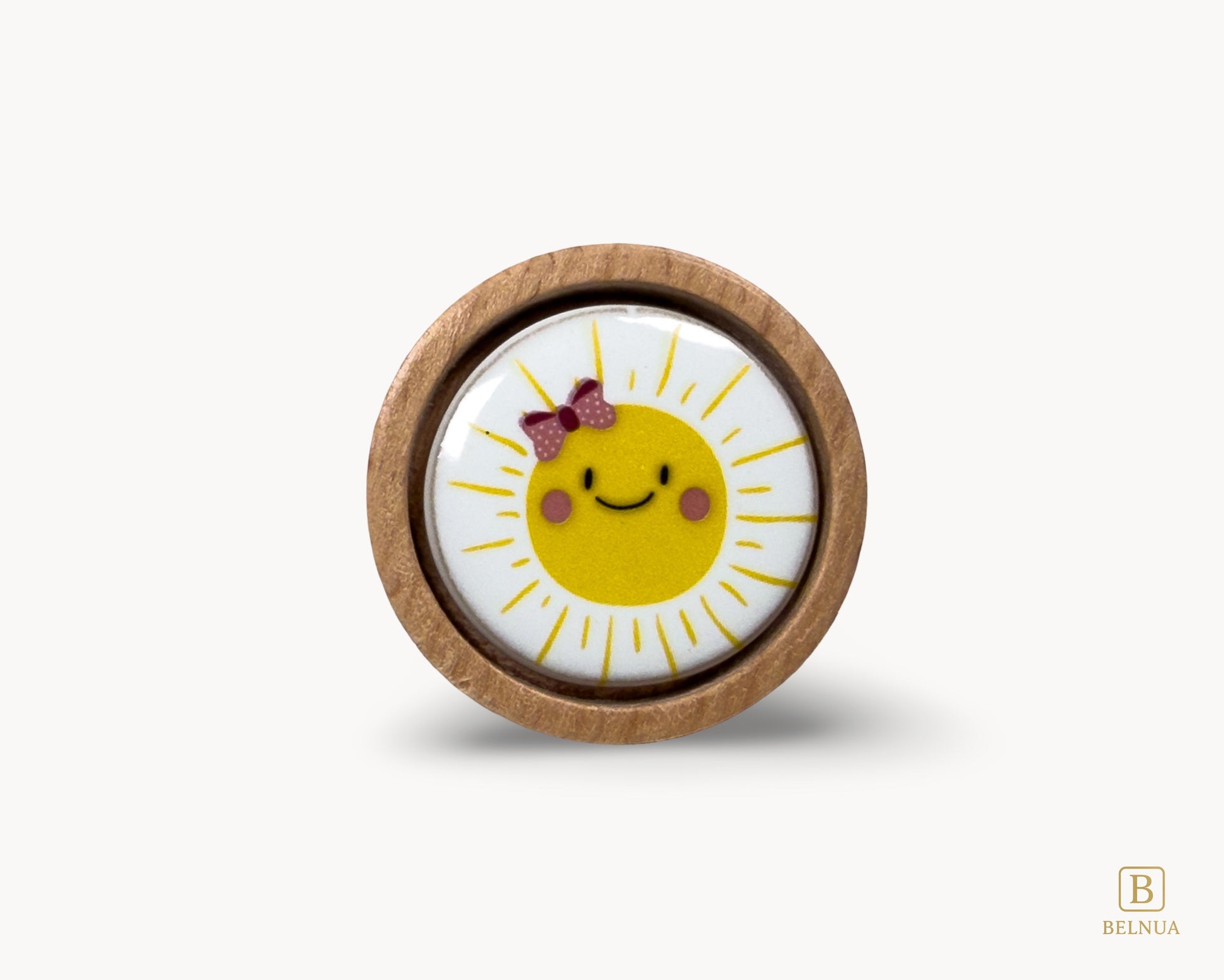 Belnua - Front closeup view of joyful Nuvino children natural oak wood knob with delicate smiling sun porcelain design for girls, children, teens rooms & wardrobe and nursery and school play rooms.