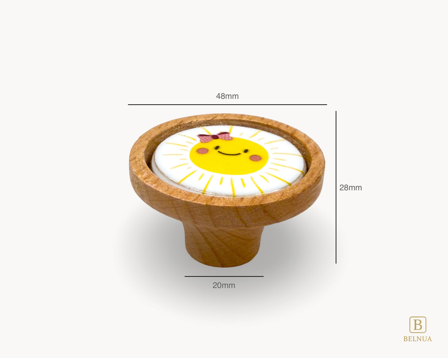 Belnua - Measurements of joyful Nuvino children natural oak wood knob with delicate smiling sun porcelain design for girls, children, teens rooms & wardrobe and nursery and school play rooms.