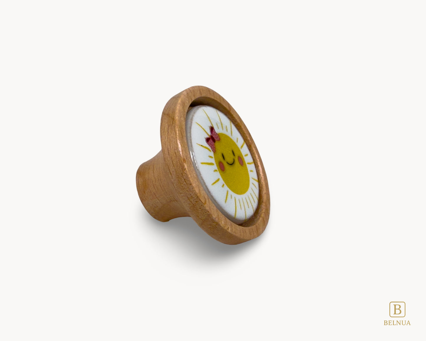 Belnua - Right angled view of luxury Nuvino children natural oak wood knob with delicate smiling sun porcelain design for girls, children, teens rooms & wardrobe and nursery and school play rooms.