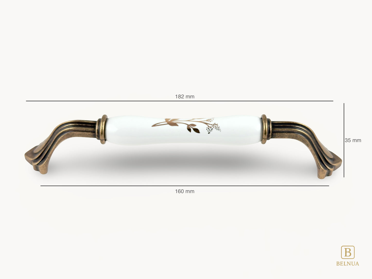 Belnua - Measurements of ROSMIRA porcelain handle with botanical motif and antique brass finish (160mm)