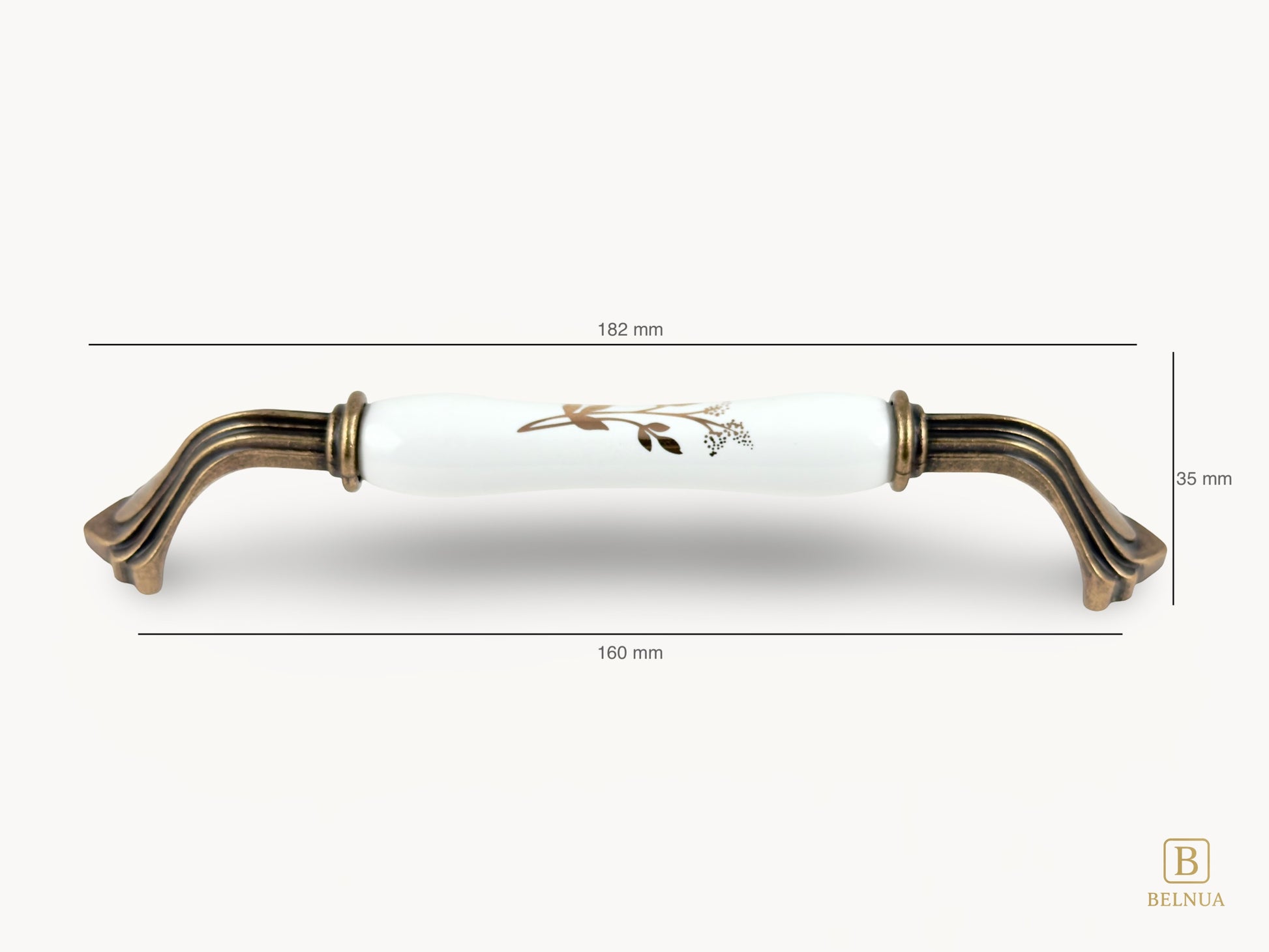 Belnua - Measurements of ROSMIRA porcelain handle with botanical motif and antique brass finish (160mm)