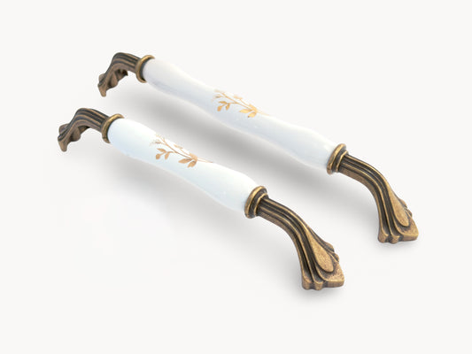 Belnua - ROSMIRA porcelain/ceramic handle pair with earth brown floral motif and antique brass finish