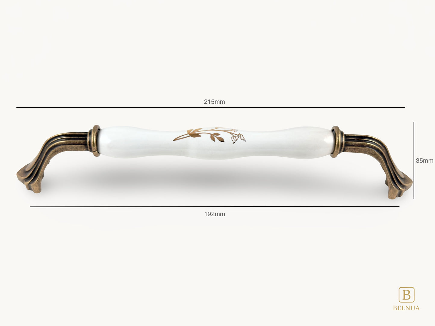 Belnua - Measurements of ROSMIRA porcelain handle with earth brown motif and antique finish (192mm)