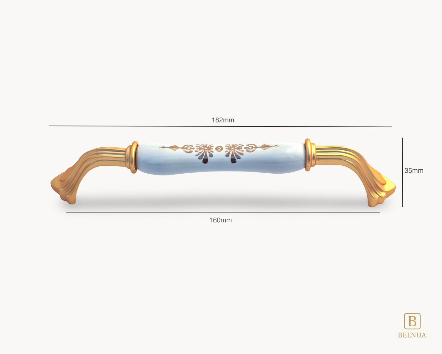 Belnua - Front view of rosmira gold handle  (160mm) with white porcelain/ceramic featuring golden pattern showing measurements