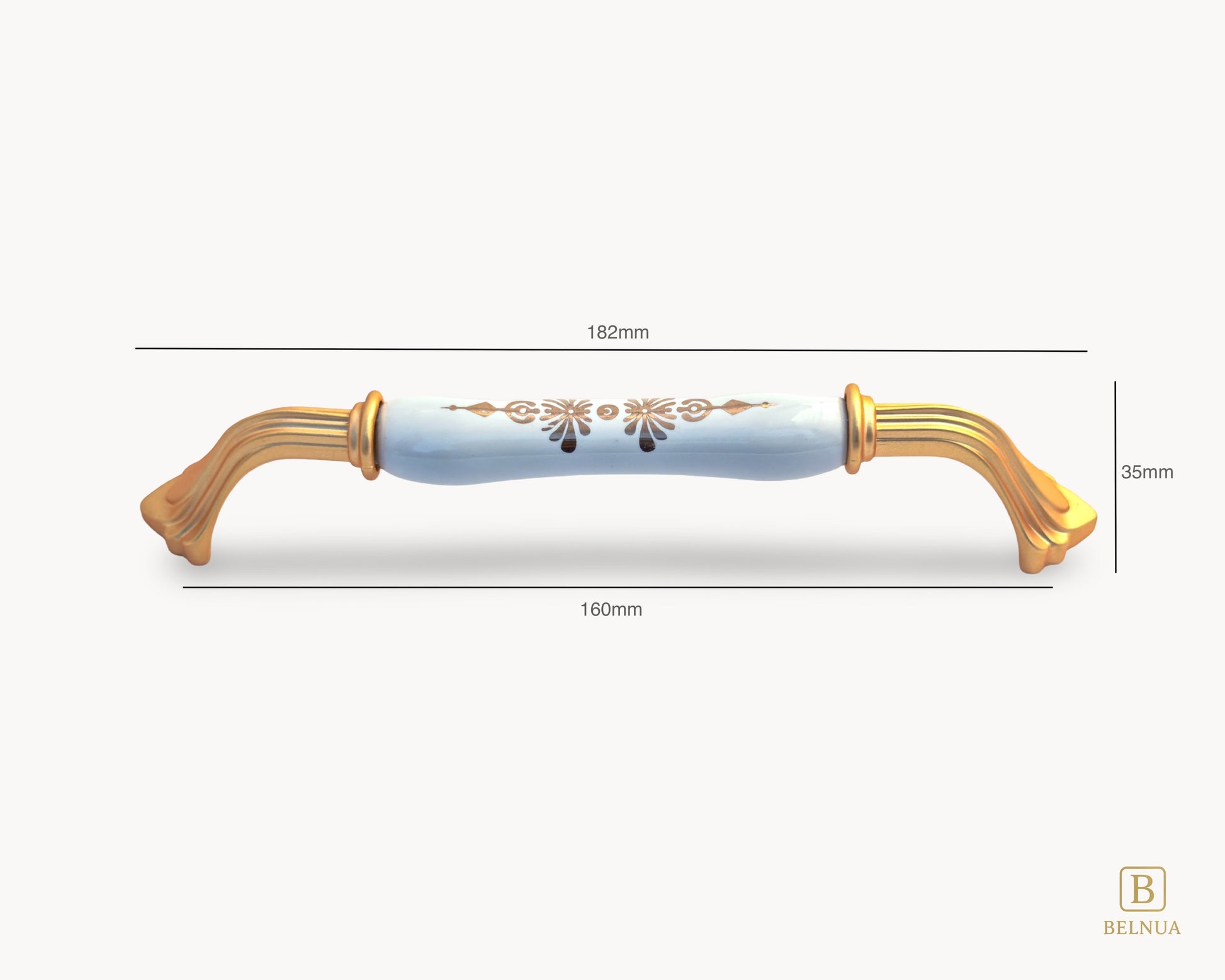 Belnua - Front view of rosmira gold handle  (160mm) with white porcelain/ceramic featuring golden pattern showing measurements