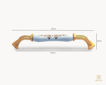 Belnua - Front view of rosmira gold handle  (160mm) with white porcelain/ceramic featuring golden pattern showing measurements