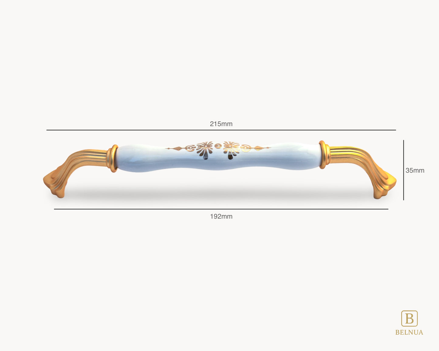Belnua - Front view of rosmira gold handle  (192mm) with white porcelain/ceramic featuring golden pattern showing measurements