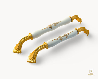 ROSMIRA Handle – Matte Gold with White Porcelain Insert (Golden Blossom Motif)