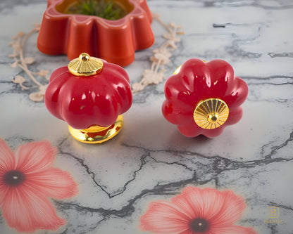 Belnua - Top and front view of Tavira cabinet porcelain knob in red colour with gold metal base in pumpkin shape with floral marble background