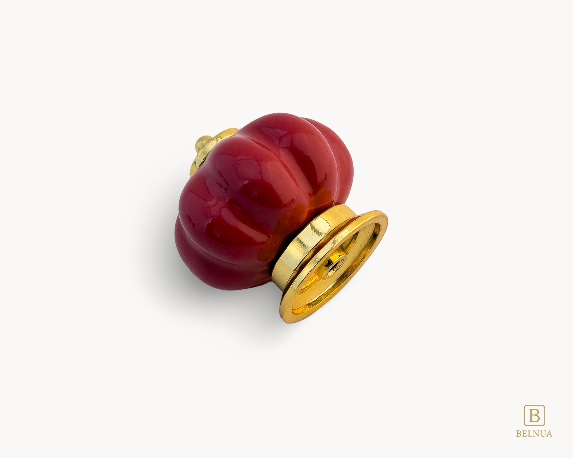 Belnua - Right back view of Tavira cabinet porcelain knob in red colour with gold metal base in pumpkin shape