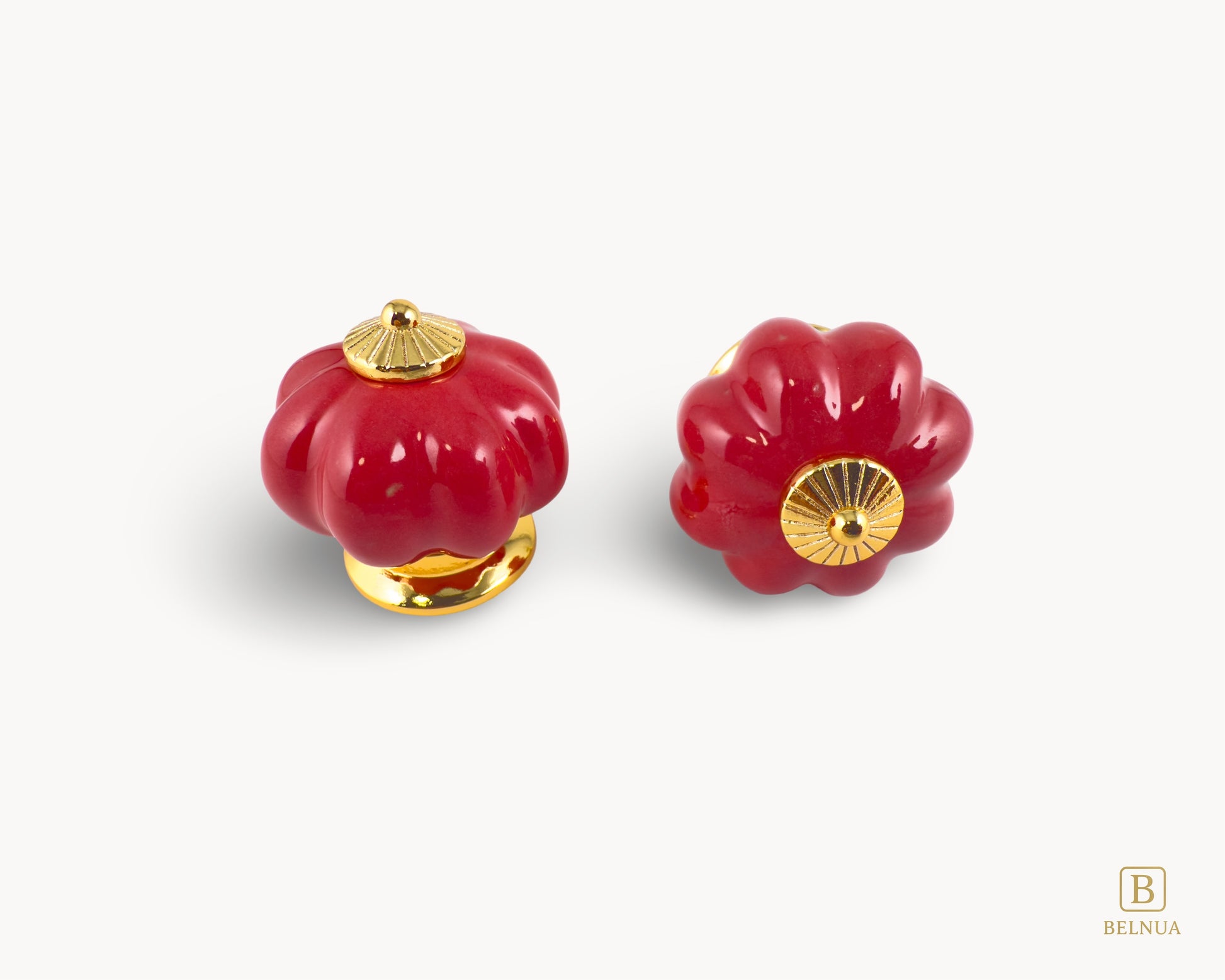 Belnua - Top and front view of delightful Tavira cabinet porcelain knob in red colour with gold metal base in pumpkin shape