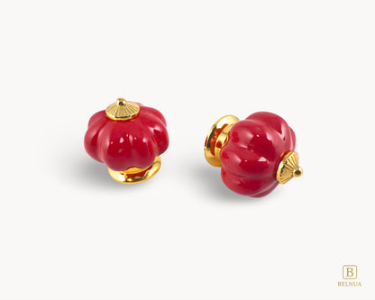 Belnua - Top and left side view of delightful Tavira cabinet porcelain knob in red colour with gold metal base in pumpkin shape 