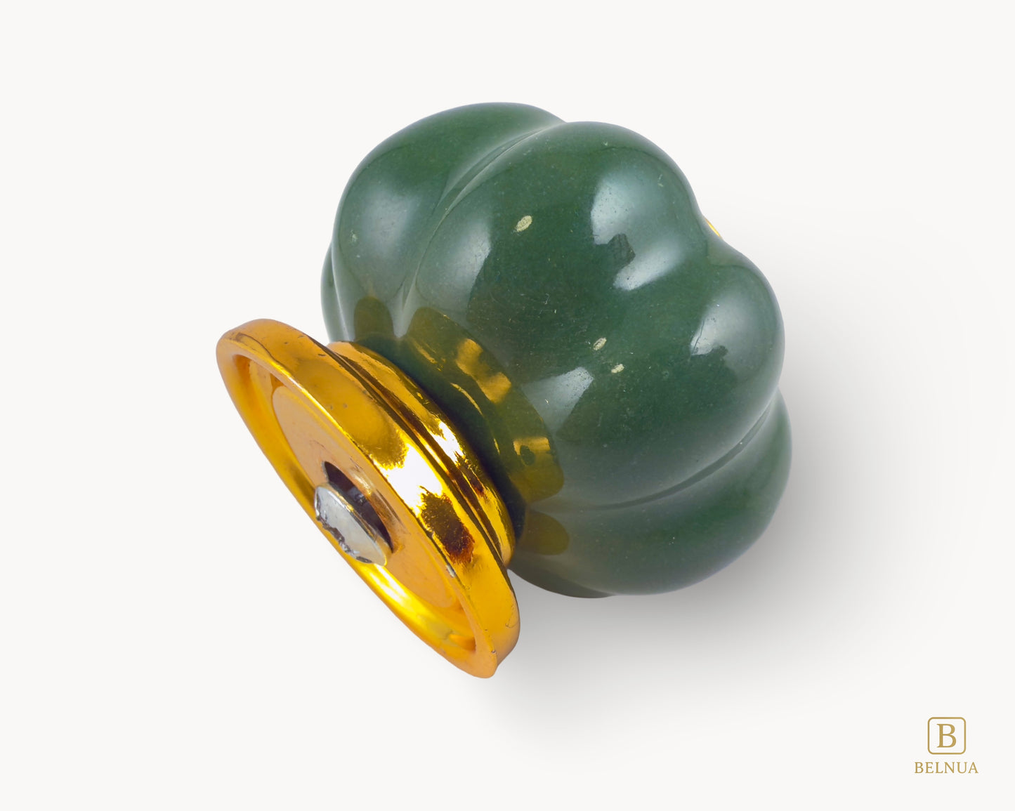 Belnua - Left back view of Tavira gold base knob with dark green porcelain insert  with pumpkin design
